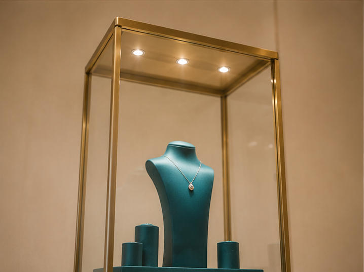 Asymmetric Mixed-Height Jewelry Display Console | Tower + Case Set 9 Statement tower and side case jewelry display arrangement